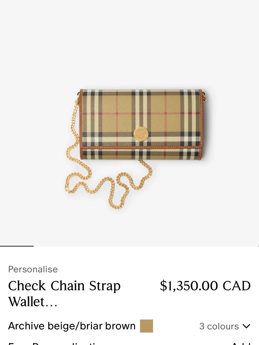 Burberry Beige Check Chain Wallet with Gold Hardware